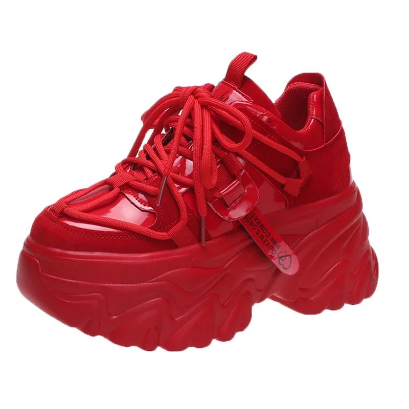 Maogu Fashion Plateau-Sneakers für Damen Dicke Sohle Rutschfeste Sport-Papa-Schuhe Frau Korea Leder Chunky Sneakers 2024 Frühling 39 rot