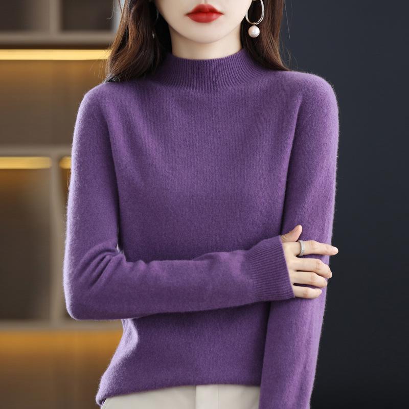 Women's Cashmere Knit Sweater - 2023 Autumn/Winter, Half-High Neck, Slimming Fit, Solid Color Pullover