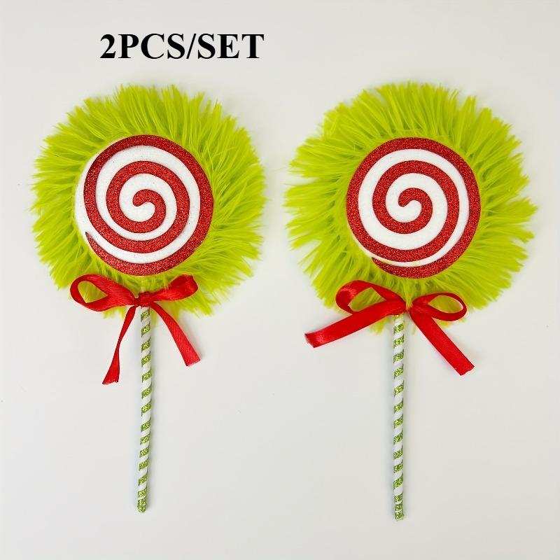 2PCS/SET Christmas Tree Picks Decorations, Polyester Plush Candy with Green & Red Lollipop, Festive Xmas Branch Ornaments