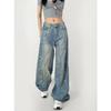 High Quality! Cotton American Heavy Industry Retro Low Waist Loose Pants Hand Frayed Old Splash Ink Paint Dirty Denim