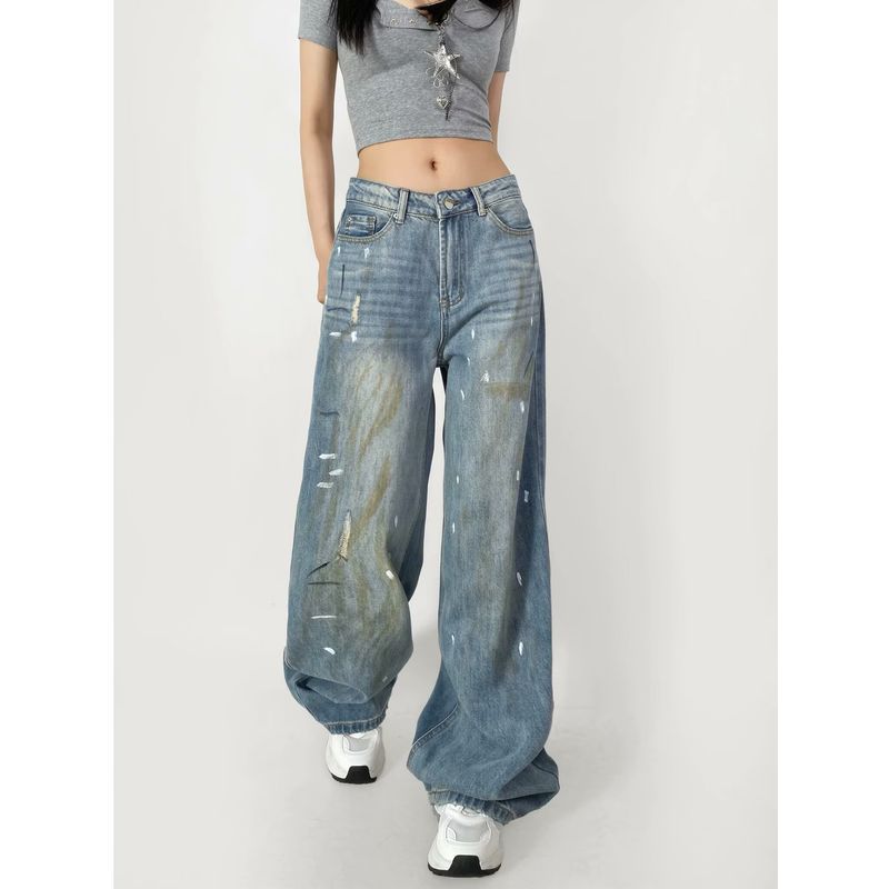 High Quality! Cotton American Heavy Industry Retro Low Waist Loose Pants Hand Frayed Old Splash Ink Paint Dirty Denim