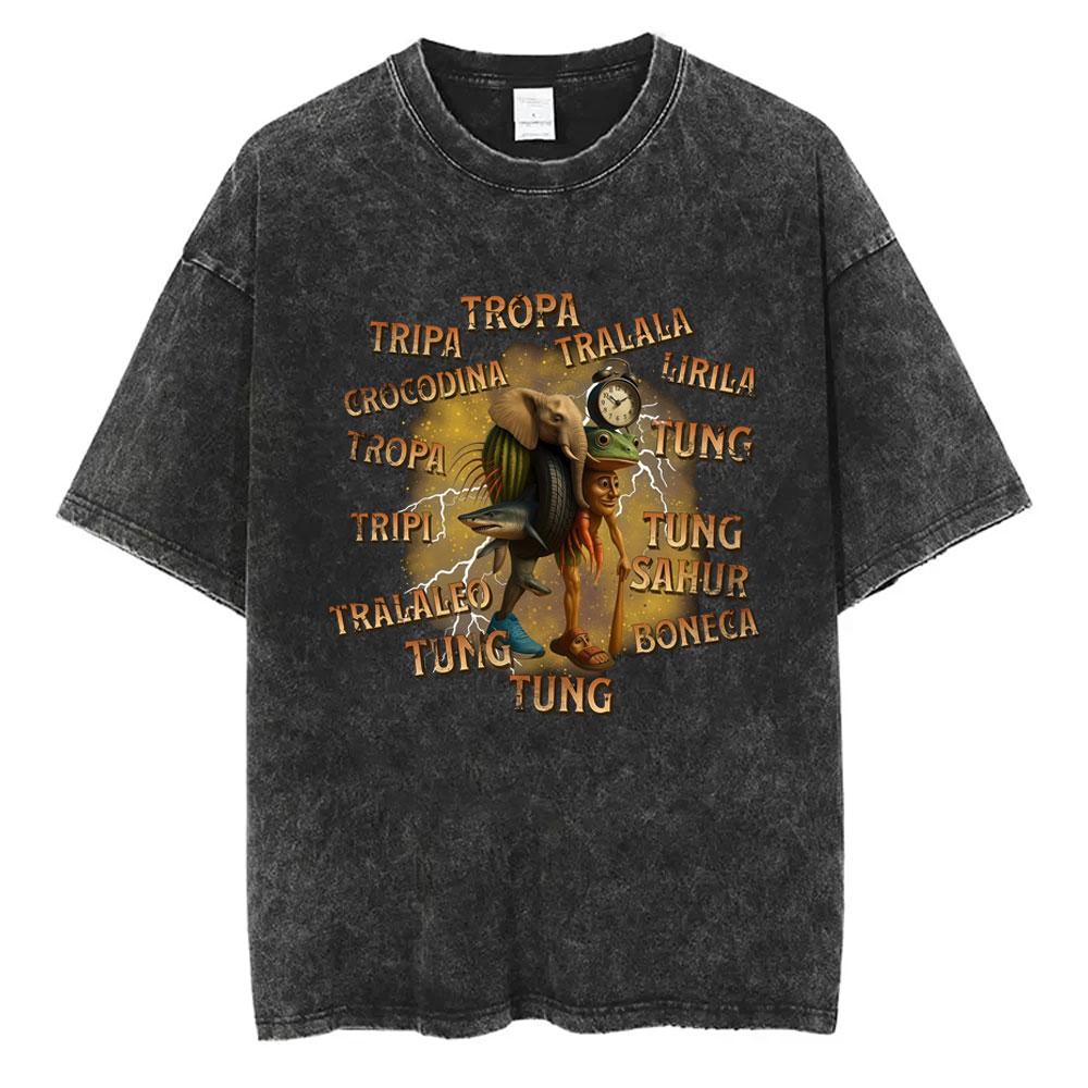Italian Brainrot Chimpanzini Bananini Vintage Washed T-shirts Banana Monkey Funny Meme T-shirt Casual Geek T Shirts Unisex