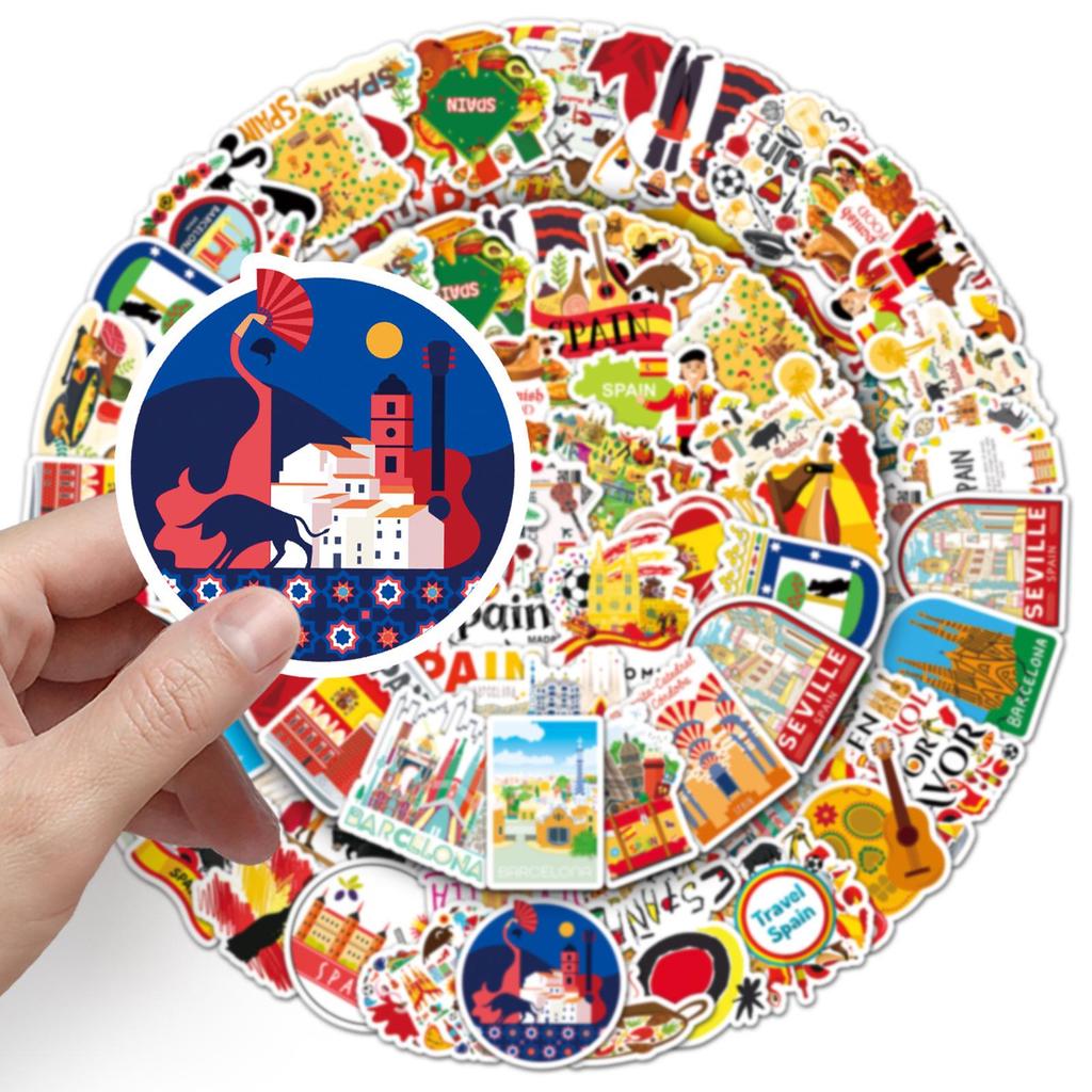 50-Pack Waterproof Spain Outdoor Scenery Cartoon Stickers for Water Bottles, Diaries, and Planners