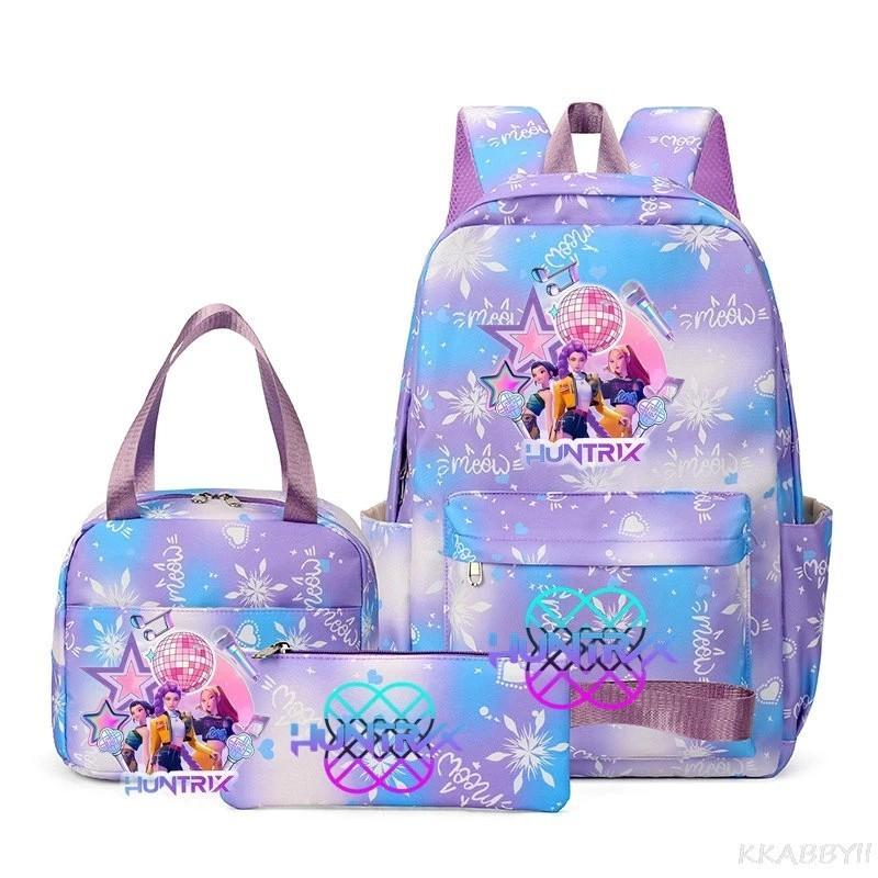 KPOP Nylon 3 Piece Set School Backpack for Students with Cartoon Print Air Cushion Design