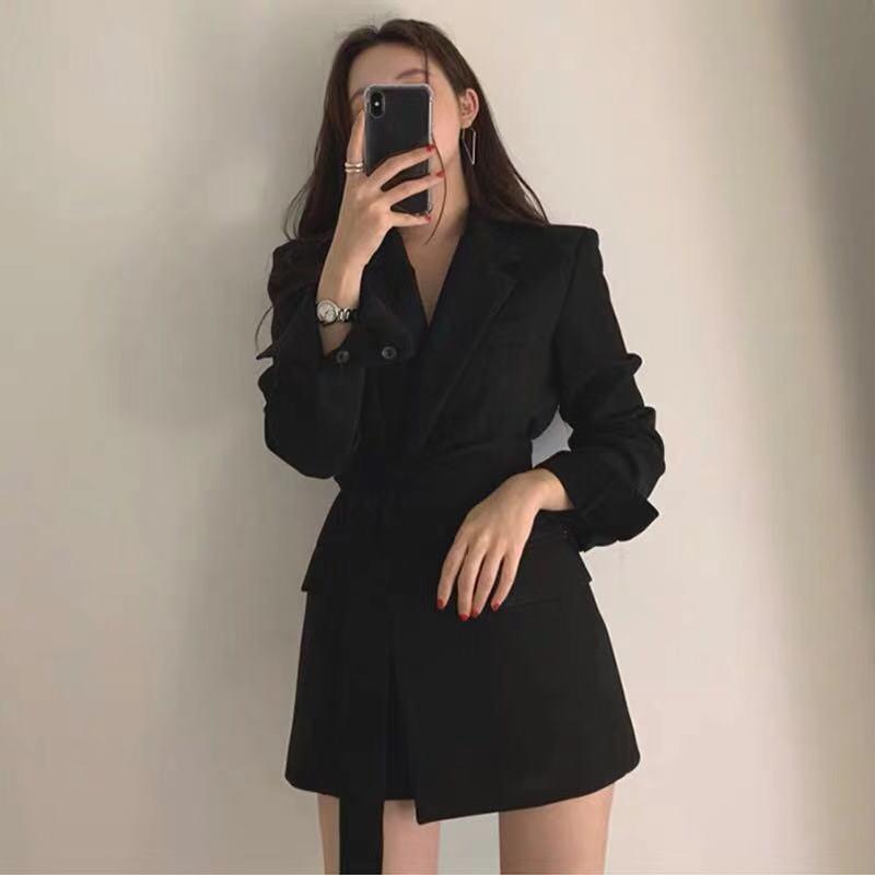 Корейский шик, приталенный женский пиджак однотонного цвета на шнуровке, весна/осень 2025. S чёрный