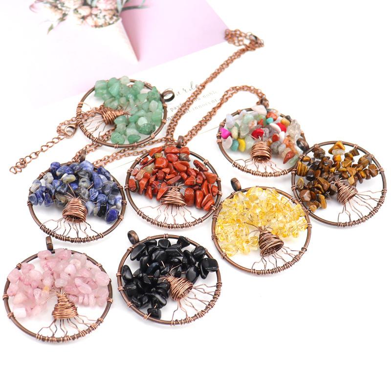 Ancient Red Copper Winding Natural Stone Crystal Tree Of Life Necklace Colorful Stone Necklace Jewelry N105