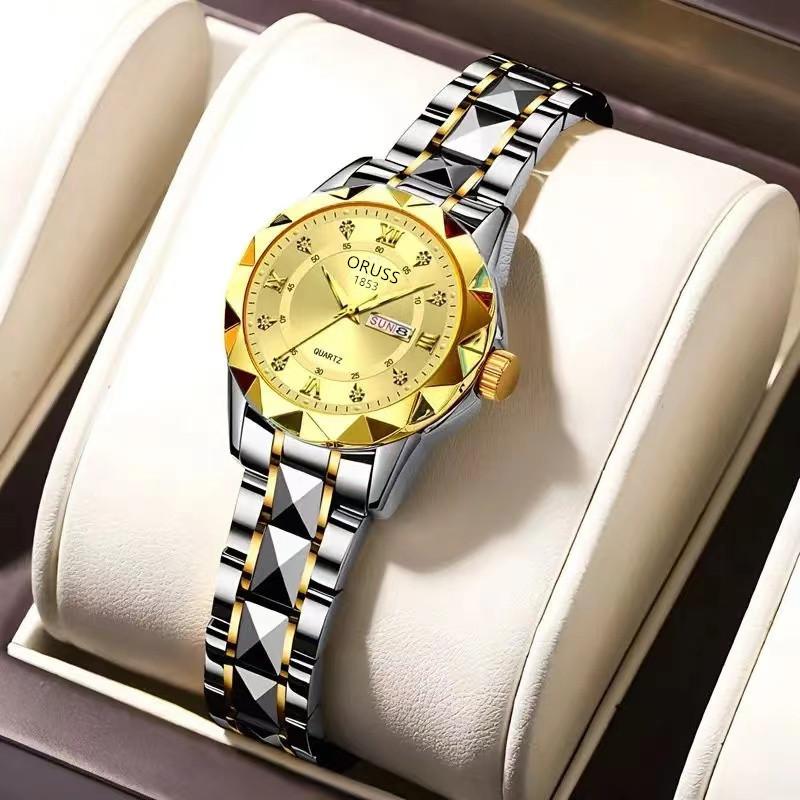 Women'S Fashion Rhombus Double Calendar Luminous Waterproof Quartz Watch Solid Belt