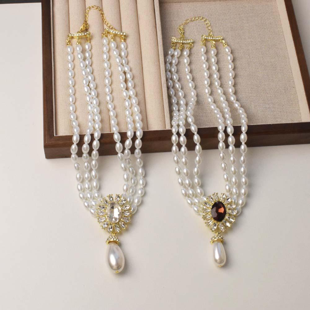 Franskt Vintage Pärlhalsband & Örhängesset med Diamantaccenter