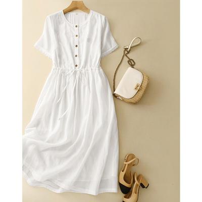 Real Shot Summer New Cotton and Linen Literary Loose Casual Age Reduction Embroidered White Dress Women's Clothing