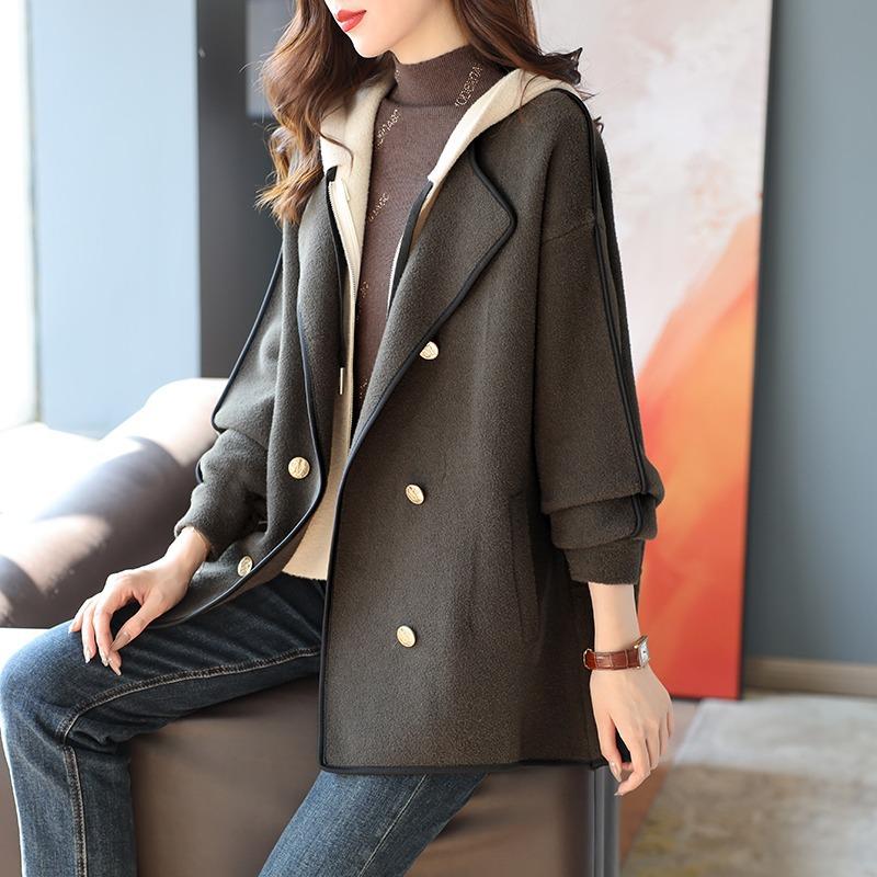 Pletená bunda s kapucí, falešná dvoudílná, dvouřadá, na podzim, korejský nový styl, volný temperament, vlněný kabát pro ženy