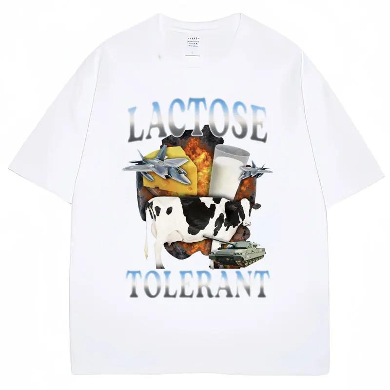 Lactose Tolerant Funny Milk Print T Shirt Unisex Women Retro Fashion Short Sleeve Summer Casual Humor TShirts Gifts Playful Design
