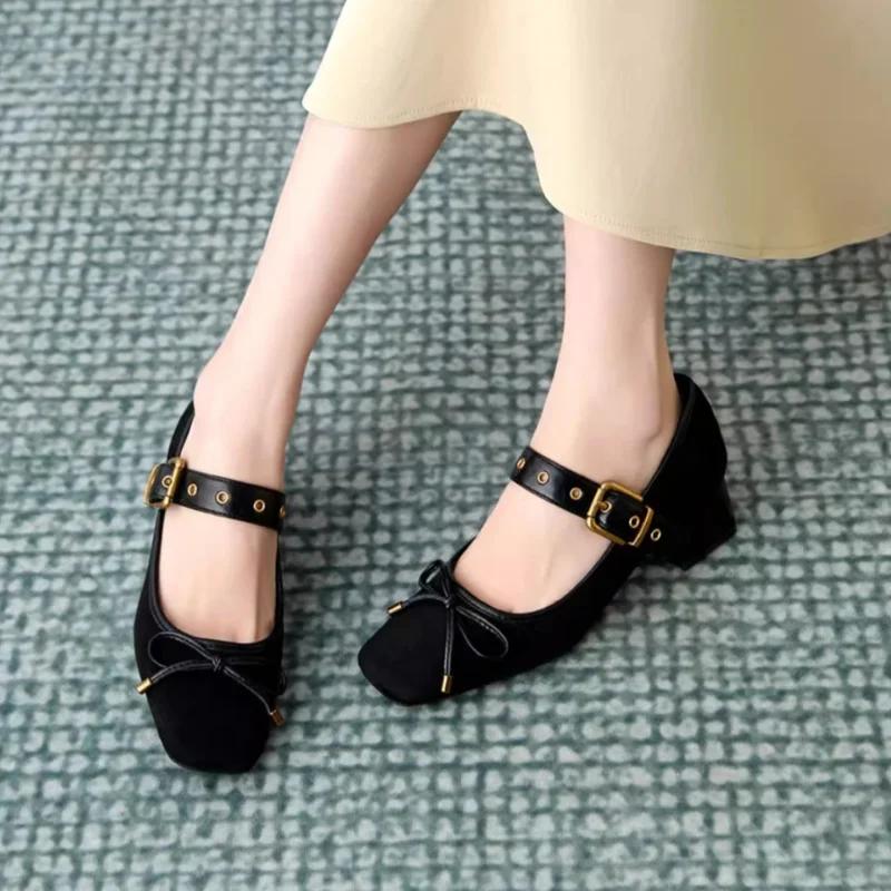 Fashion Square Toe Leopard Lady Pumps Autumn New Women Mid Heels Shoes Trend Famale Elegant Bow One Strap
