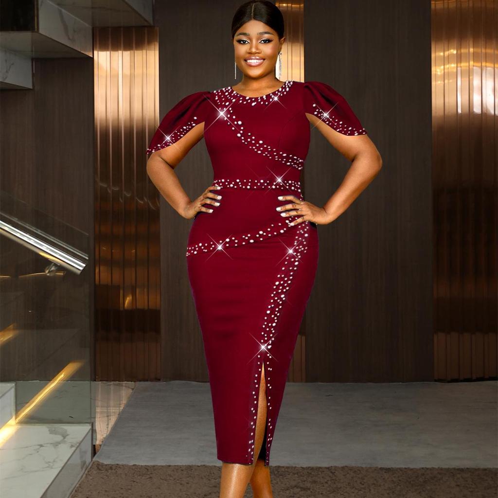 Plus Size Women's Elegant Beaded Slit Ruched Party Gown