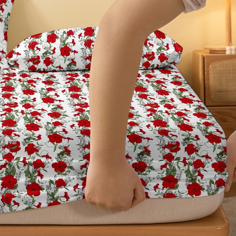 Simple 1 Modern Plant Flower Printed Matte Fitted Sheet, Bedroom Printed Bed Cover, Bedding Excluding Pillowcases