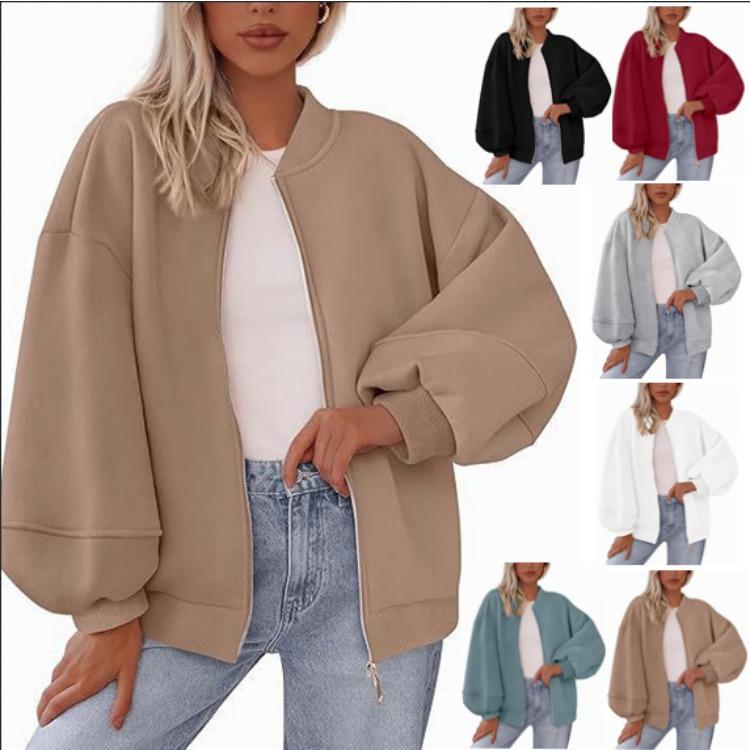 Women Loose Fit Baseball Jacket with Zipper Front Multi Color Casual Outerwear
