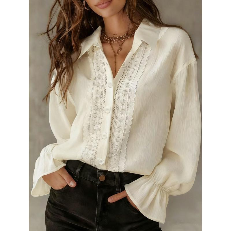 Women S Solid Color Lapel Single Breasted Lace Long Sleeve Shirt