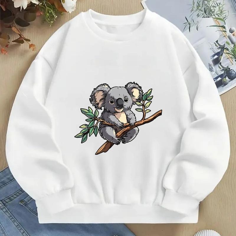 Kids Crewneck Sweatshirt, Cute Koala on Leafy Tree Branch Print, Spring Autumn Casual Sport Tops
