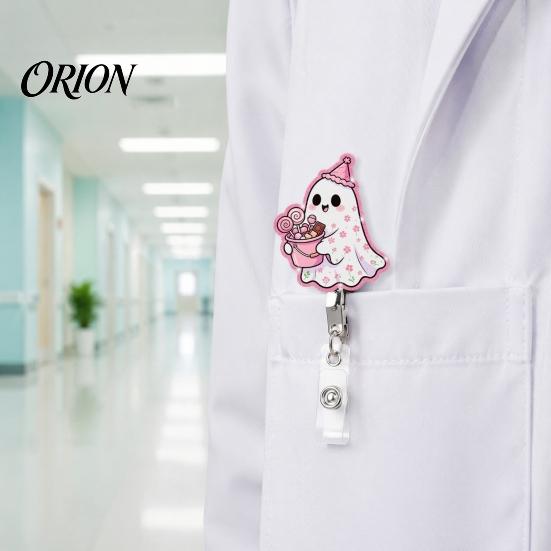 Decorative Badge Holder for Nurses Halloween Ghost Reel, Glitter Acrylic Retractable Clip, Cute Pink Durable ID Reel Name Women Nurse Teacher Medical