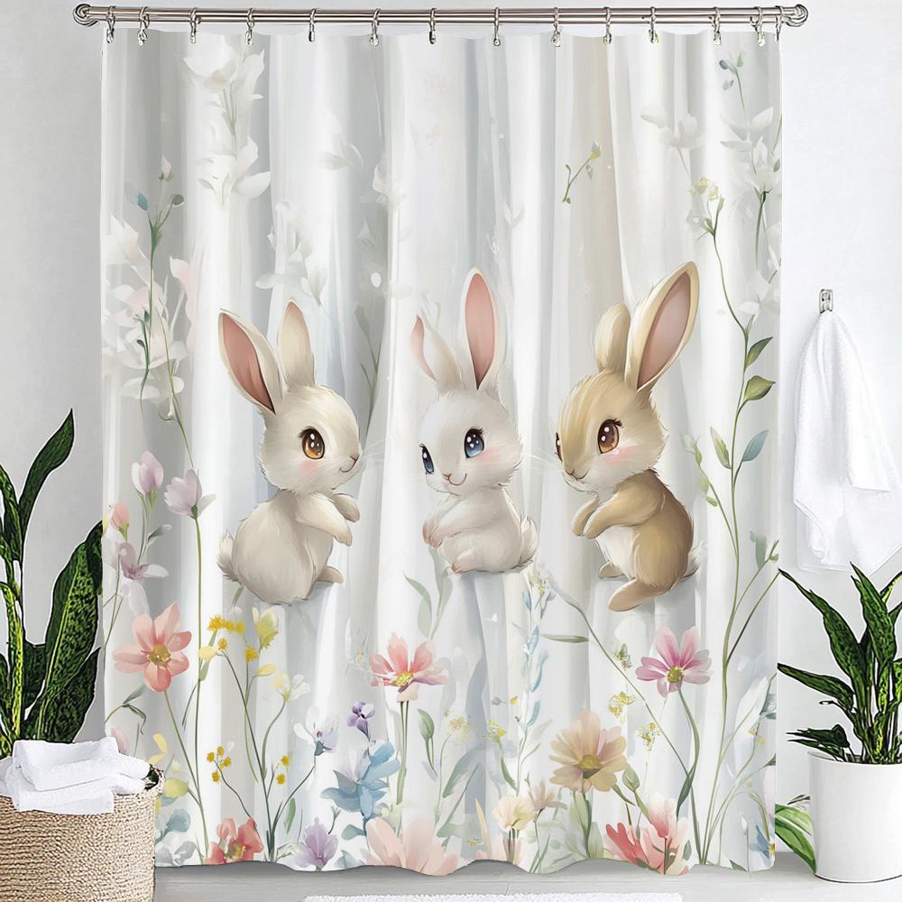 1pc Cute Rabbit Cheerful Shower Curtain, Flower Plant Print Waterproof Shower Partition Privacy Hanging Curtain with Hooks