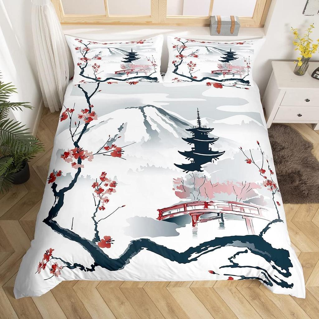 Cherry Blossoms Duvet Cover King for Women Ink Painting Black White Comforter Cover Romantic Theme Bedding Set with 2 Pillowcase