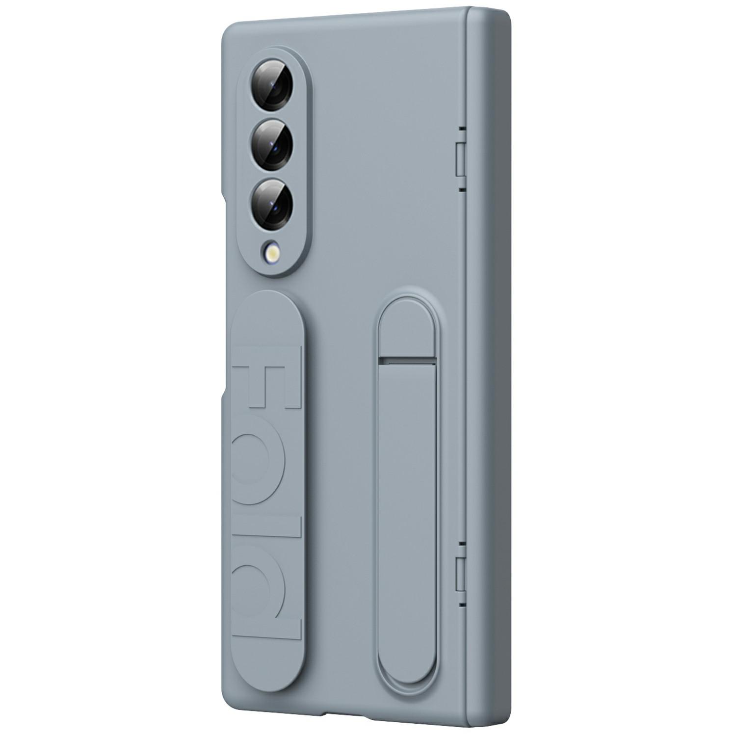 

For Samsung Galaxy Z Fold4 5G Case with Tempered Glass Film Silicone Wristband Kickstand PC Phone Cover Grey