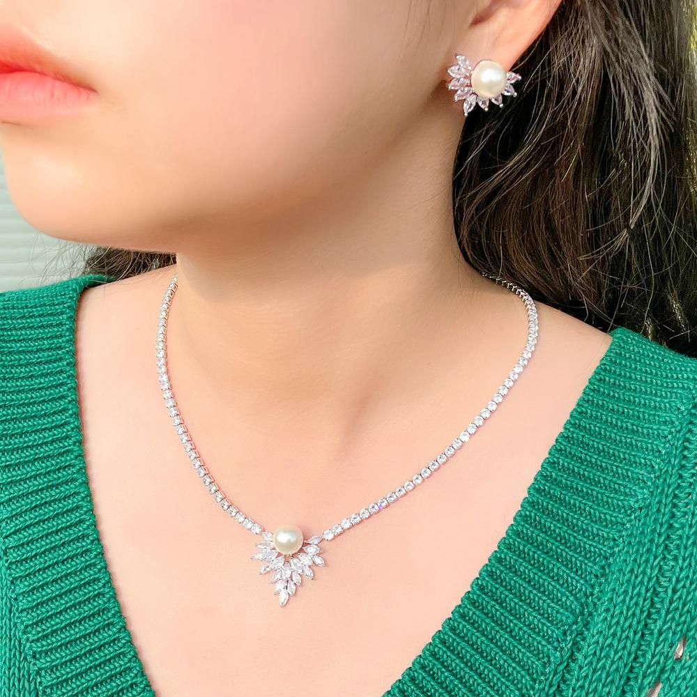 Brautschmuck Kalter Wind Pferdeaugen Zirkon Perlen Schmuckset Kette Halskette Ohrstecker Set