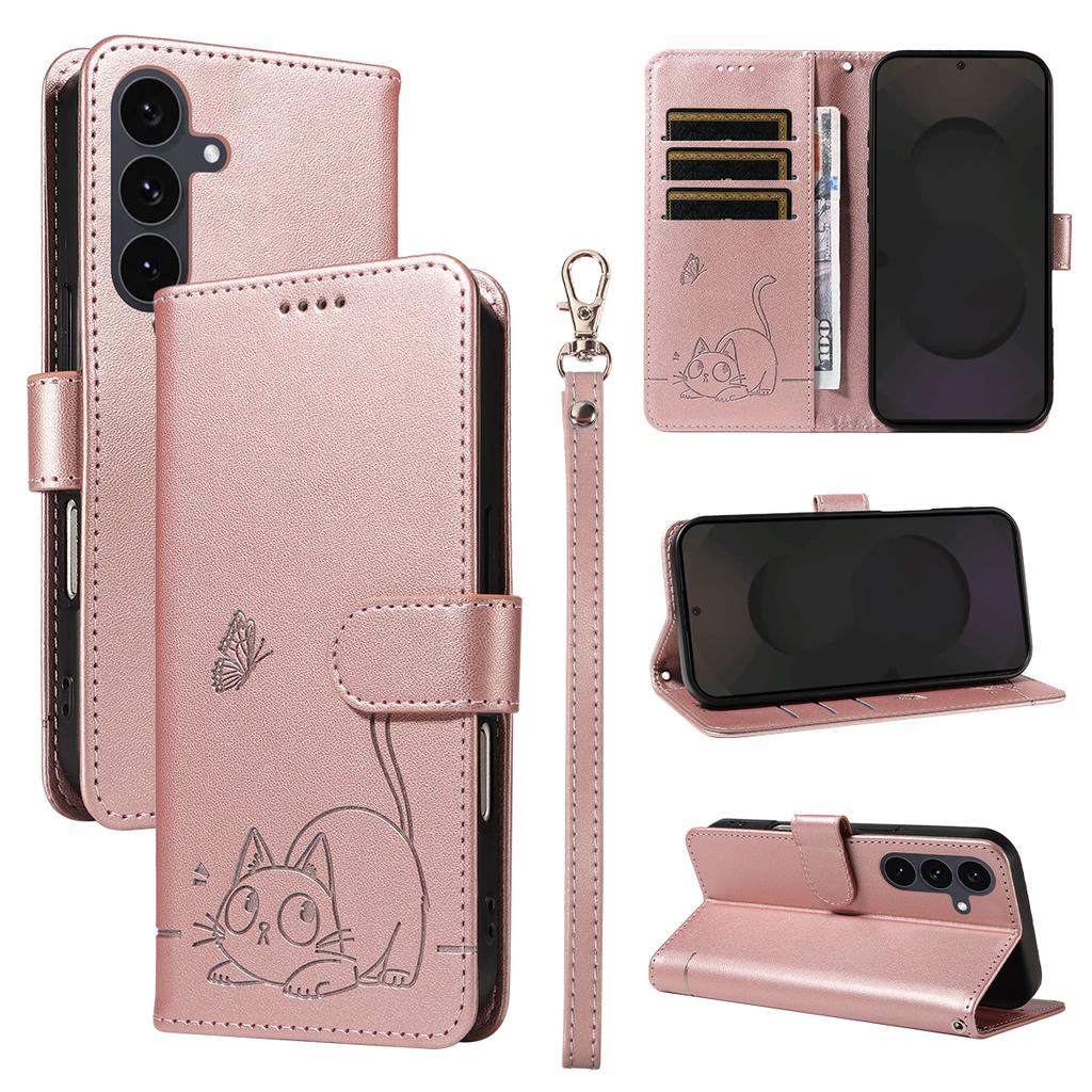 For Samsung Galaxy S25 FE Case Cat Pattern Imprint Leather Phone Cover with Wrist Strap