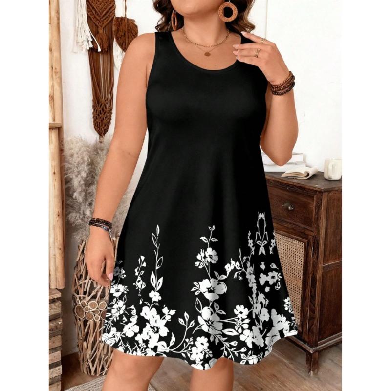 Damen Sommer Übergröße Mittellanges Kleid V-Ausschnitt Ärmellos Floral Bedruckt Strandkleid Partykleid