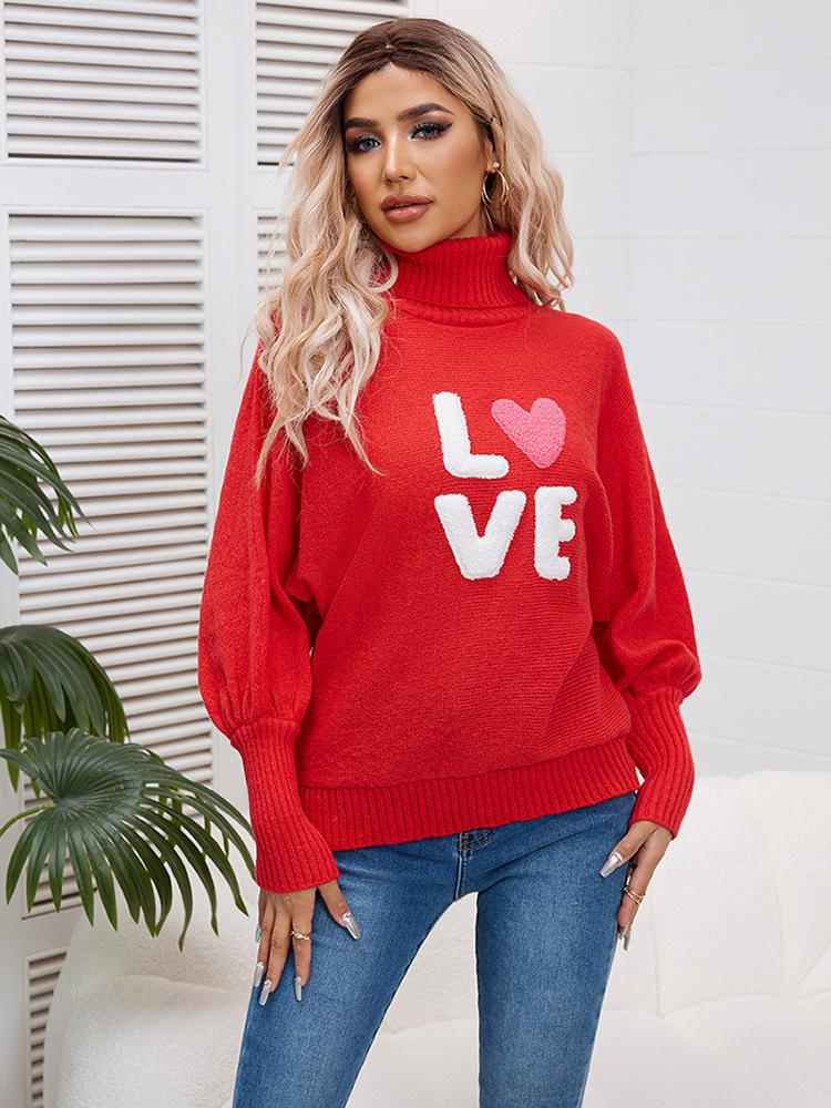 Valentine s Day LOVE Red High Collar Sweater Bat Sleeve Loose Head Knitted Top S красный