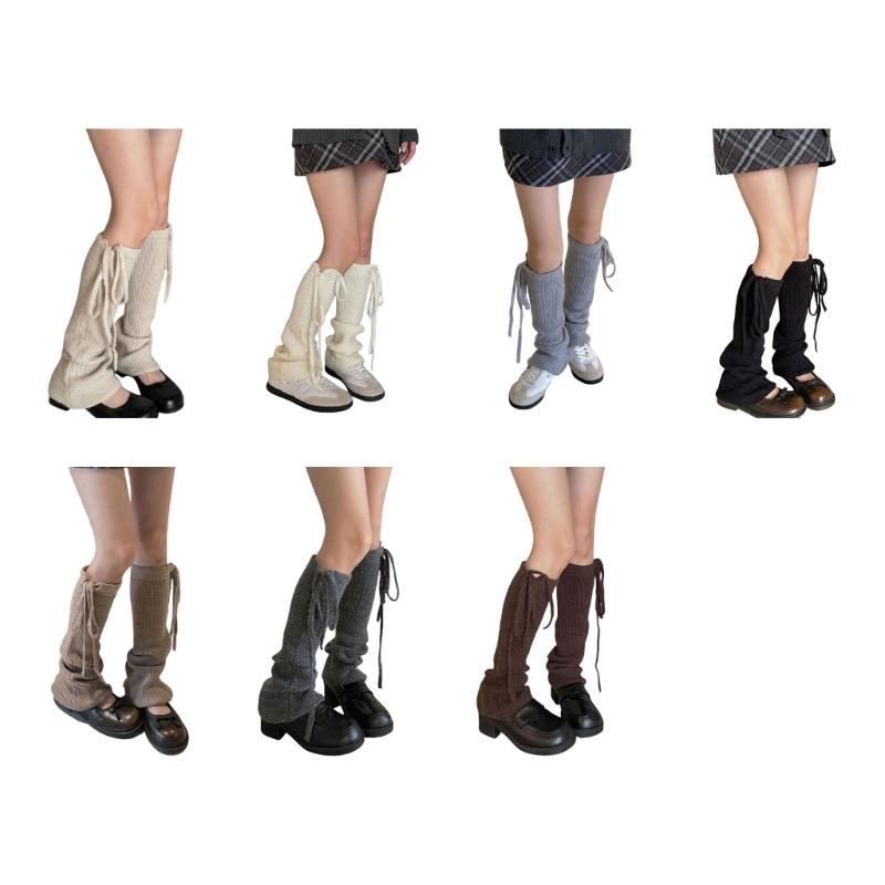 Women Ribbed Knitted Leg Sleeves with Ties Drawstring for Winter Warmth Vertical Striped Leg Warmers Footless Boot Socks