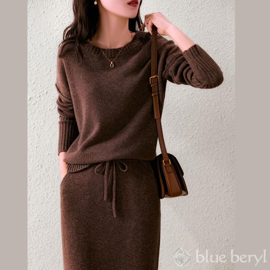 Blue Beryl Knit Pullover Long Round Women's Set, Midi-Length, I-Line, Sleeves, Neck, Brown, BB026-BR-M