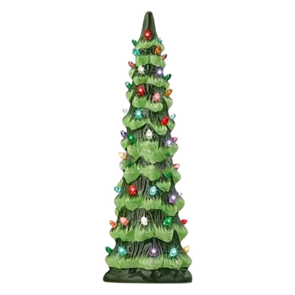 Glowing Christmas Tree Sculpture Resin Holiday Tree Desk Ornament with LED Light For Tabletop Mantels Holiday Decoration