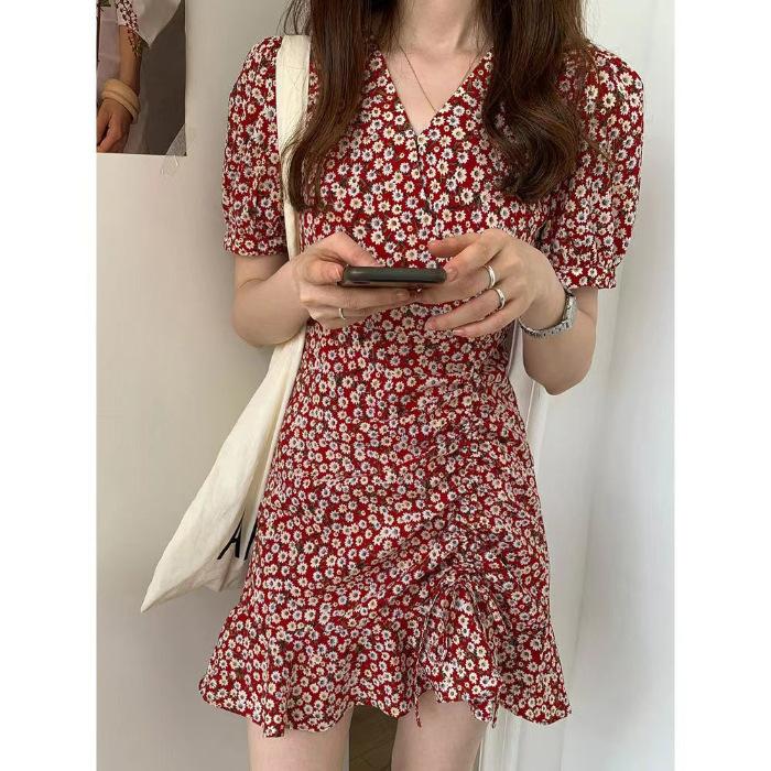Floral dress women's French bubble sleeves summer new waist drawstring small daisy fishtail short skirt