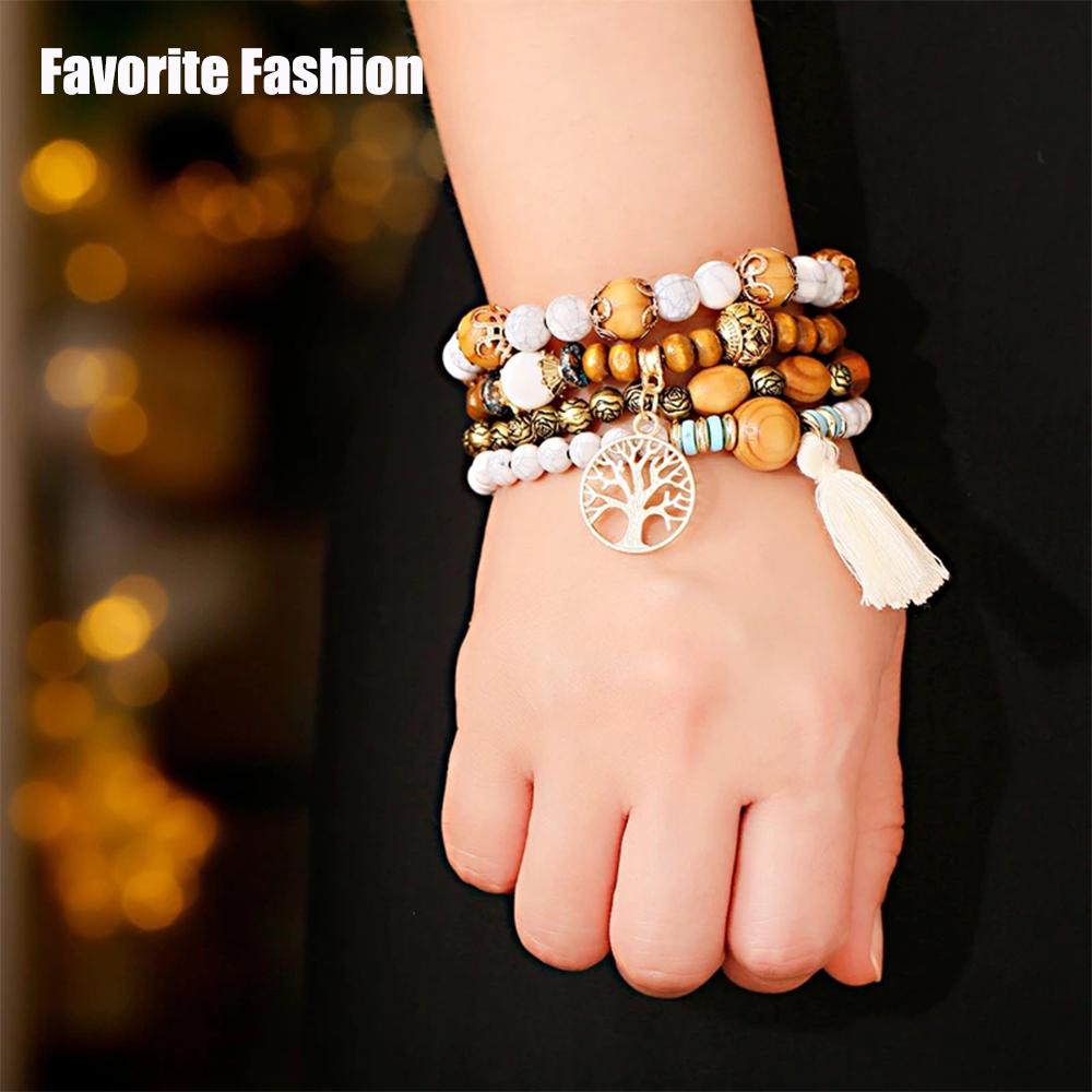 Tree of Life Charm Bracelet Set Handmade Wood Beads Chain Bangle