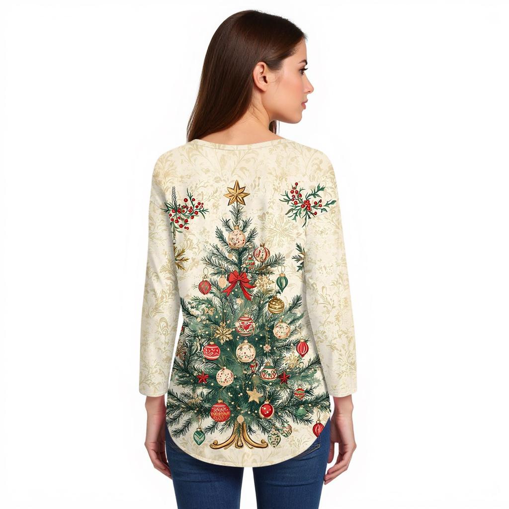 Damtröja med rund hals och jultryck, löst sittande, långärmad