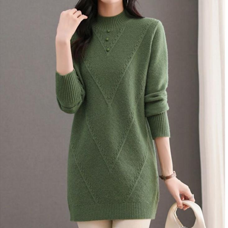 Half Turtleneck Sweater Dress for Women Solid Color Long-sleeved Mid-length Knitted Sweater Autumn and Winter Casual Loose Pullover