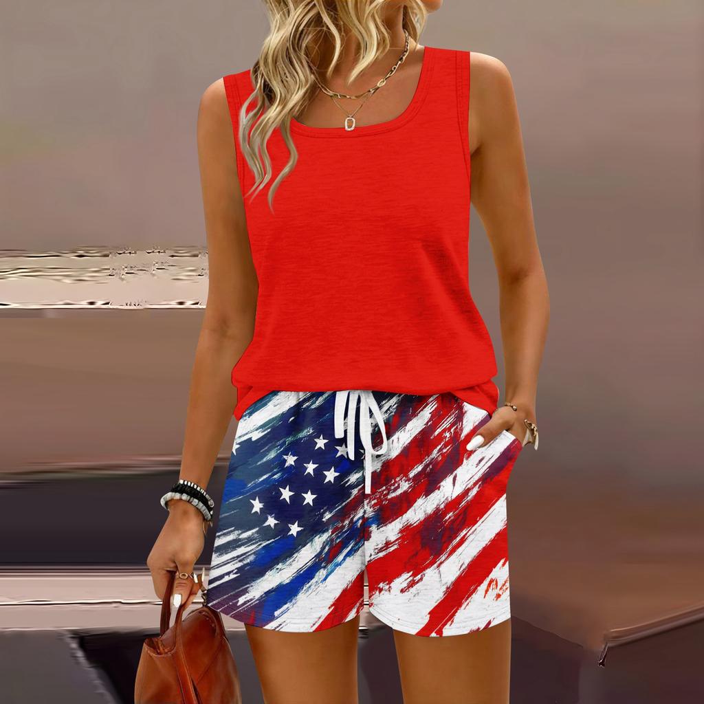 Women Summer Casual Two Piece Set Sleeveless Tank Top Square Neck Athletic Vest with Pockets and Drawstring Waist Shorts
