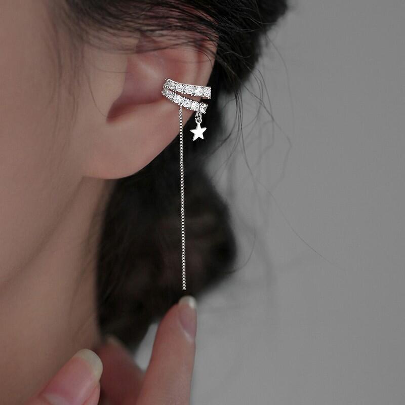 Shining Double-Layer Zircon Star Ear Clip for Women Luxury Long Tassel Chain Without Piercing Fake Cartilage Ear Cuff Jewelry