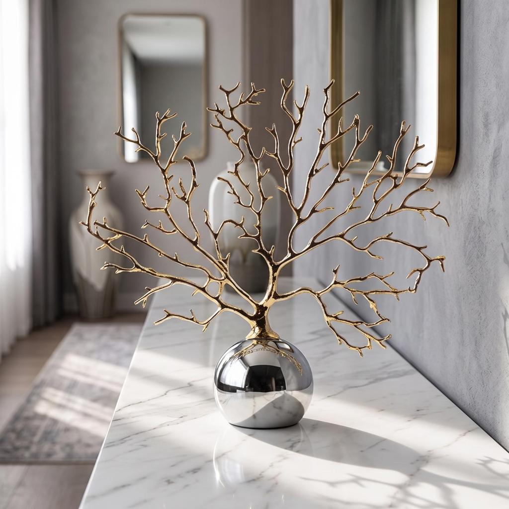 Metal Branch Sculpture Reflective Tree Decor with Silver Base Modern