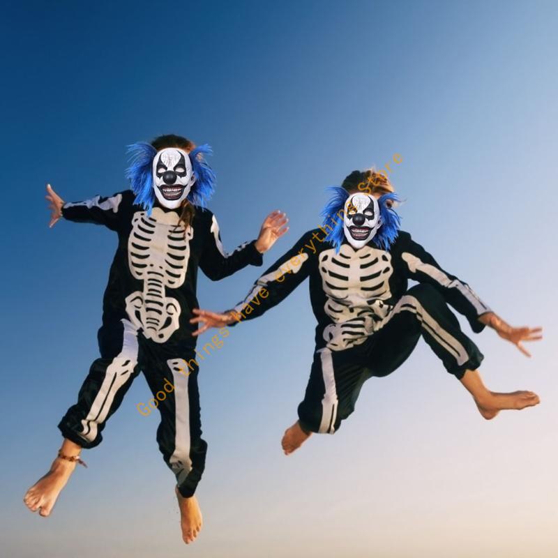 Realistic Latex Blue Hair Smiling Clown Mask Halloween Headgear Party Cosplay Scary Props 55KF