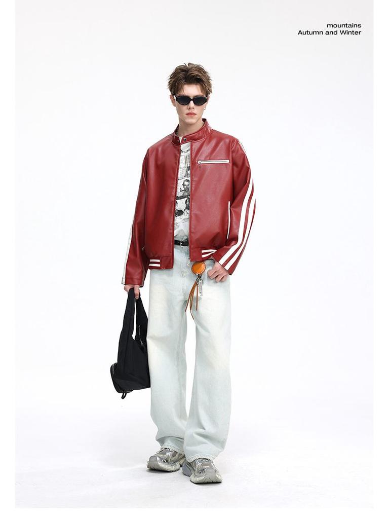 Herren Trendy Lederjacke mit Stehkragen - Lockere Passform, Lässig, Modisch, Bequemes Gewebe mit Schlichtem Linienmuster.