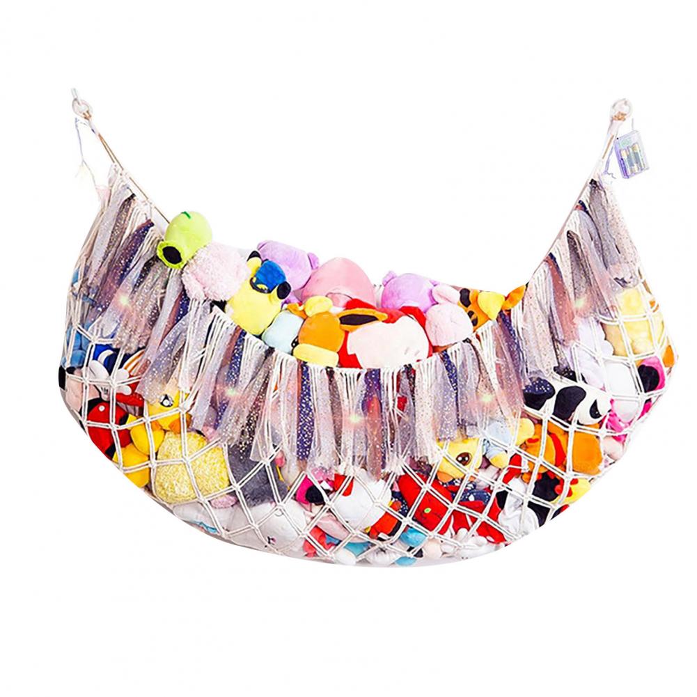 Rete Imbottita Rete Imbottita Amaca portaoggetti Capacità Rete portaoggetti da parete per giocattoli con Luci a filo Design con nappe Stanza dei giochi per peluche