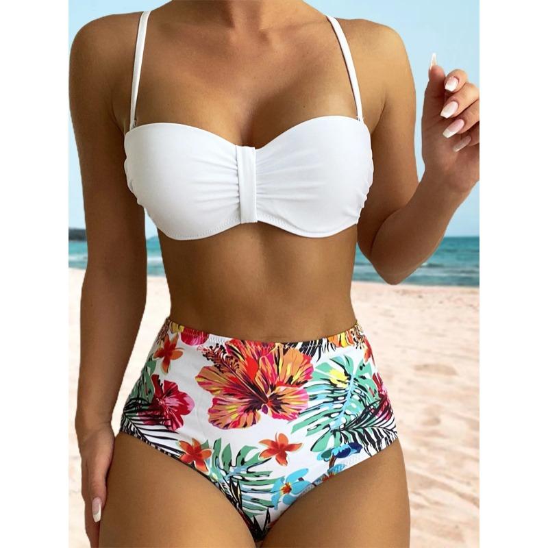 2Pcs/Set Women Bikini Set Pleated Bandeau Adjustable Straps Bra Briefs Set Solid Color High Waist Floral Swimwear Beachwear