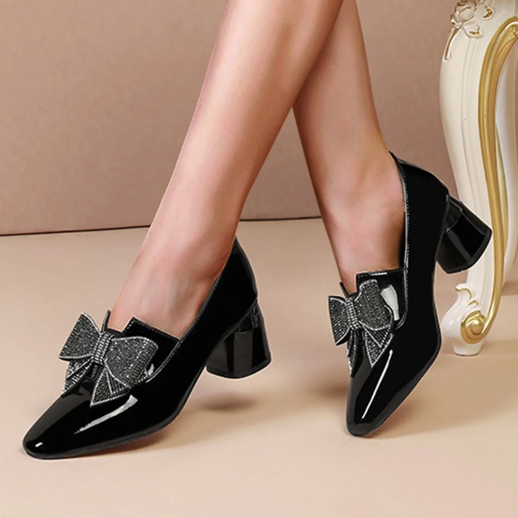 2024Women's Outdoor Heels Fashion Chunky Heel Leisure Shoes Anti-slip Slip-On Breathable Casual Shoes Rhinestone Butterfly Knot
