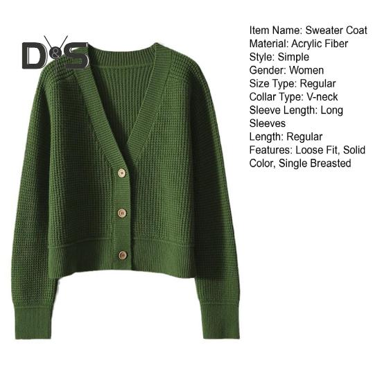 Women Sweater Coat V-Neck Long Sleeve Ribbed Trim Knitting Outwear Solid Color Loose Fit Tops Travel Streetwear