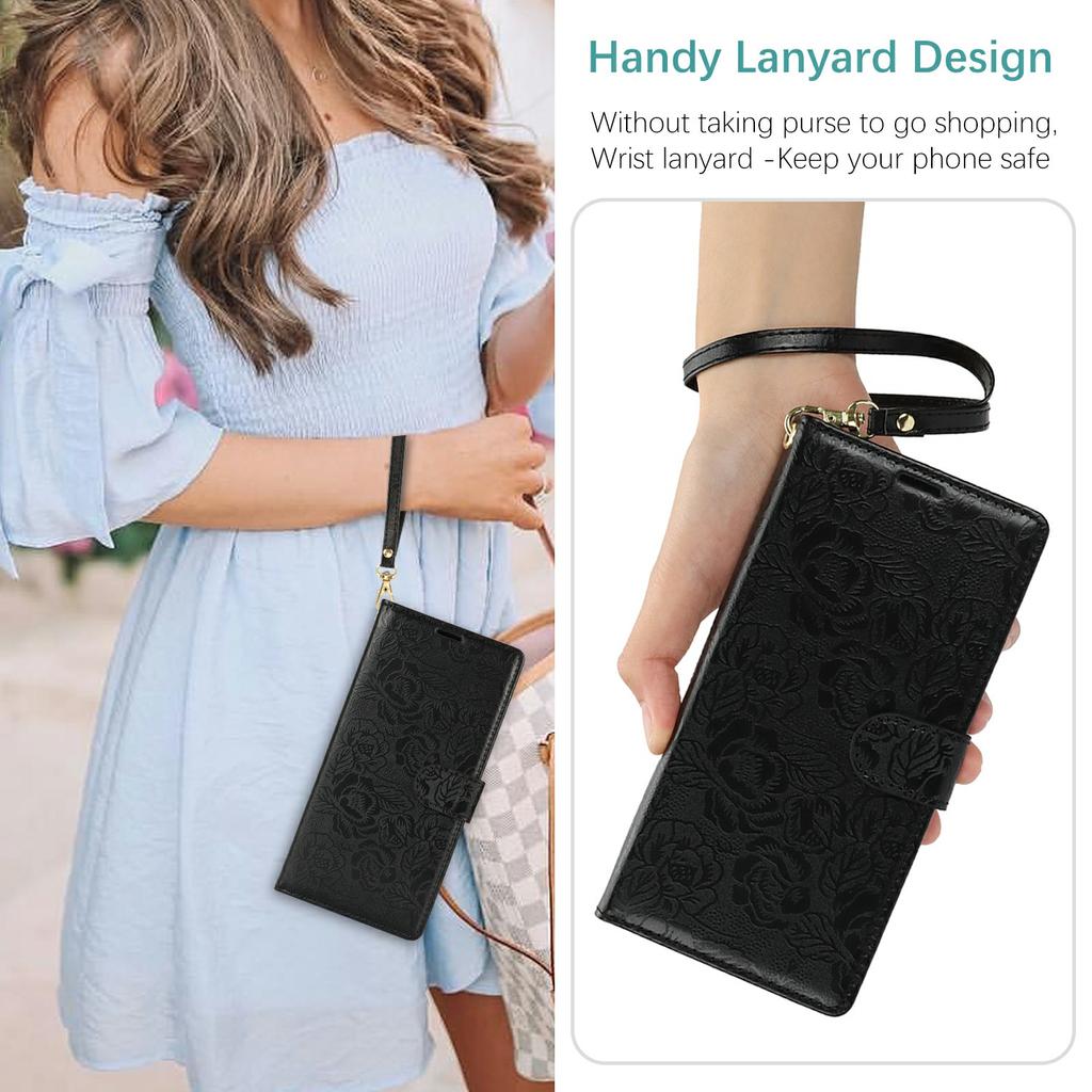For Samsung Galaxy S24 FE Case with Hand Strap Flower Imprint Leather Wallet Phone Cover