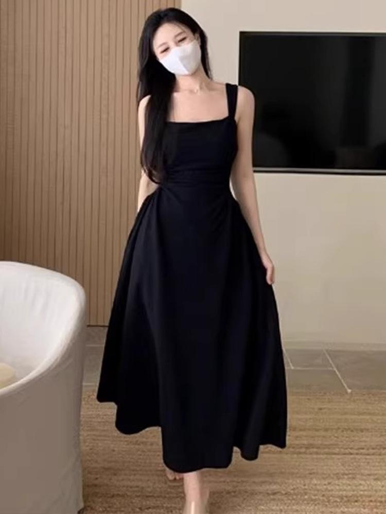 

Женское элегантное платье на тонких бретельках французского белого цвета - Прохладный квадратный вырез, приталенный силуэт, длинный летний стиль XXL (suggested for 135-155 jin) чёрный