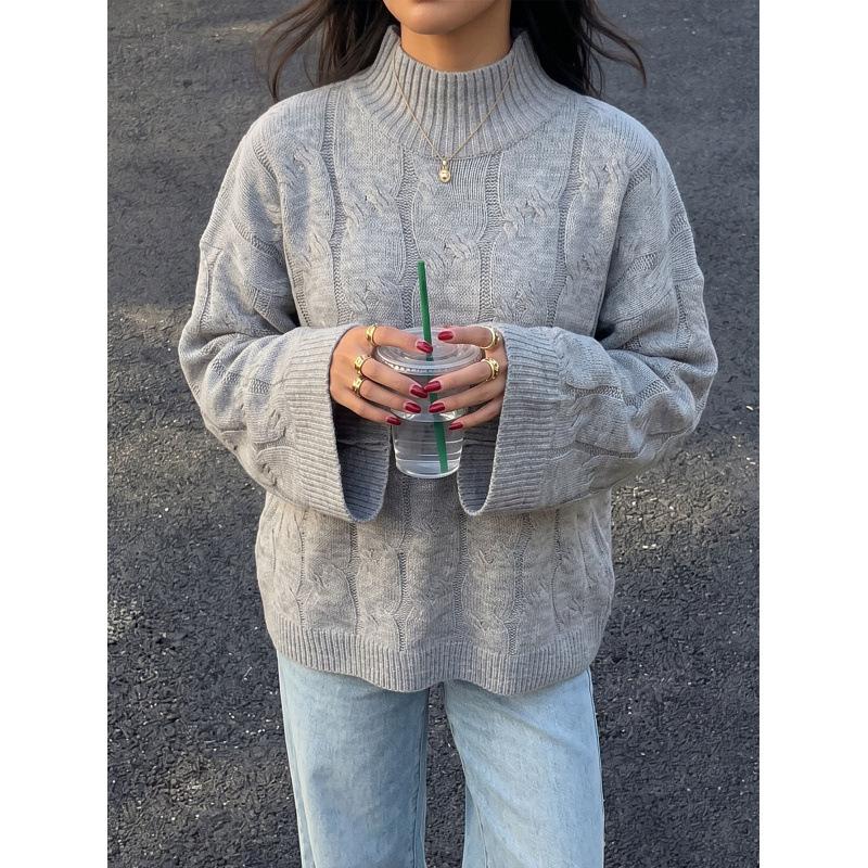 High Neck Sweater Women Loose Pullover Flare Sleeve Mock Neck Lazy Style Knit Top