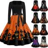 Women's Casual Vintage Halloween Print Dress Square Neck Long Sleeve Fit Flare Midi Dress with Waist Tie for Seasonal Occasion