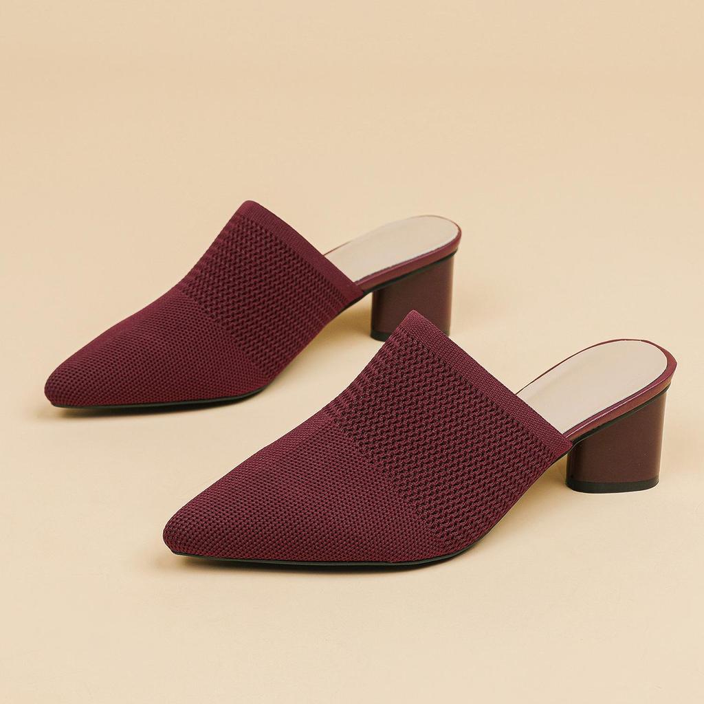 Damen Große Größe Frühling Spitzschuh Dicken Absätzen Sandalen Schuhe Casual Flyknit Blockabsatz Tiefe Öffnung Einfarbig Gestrickte Slipper Schuhe 34-43